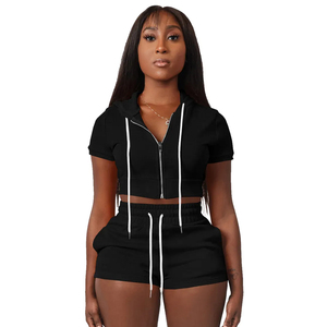 Top Quality Custom Logo Summer <b>Sexy</b> 2Piece Outfit Zip Crop Tops/Hoodies Shorts <b>Set</b> High Streetwear Causal Ladies Plain Blank <b>Set</b> - Product Image 2