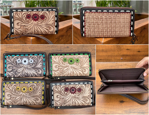 Portefeuille en cuir usiné à la main pour femmes Buck Stitch Western Floral portefeuille en cuir sculpté à la main en peau de vache Boho portefeuille à bracelet - Product Image 3