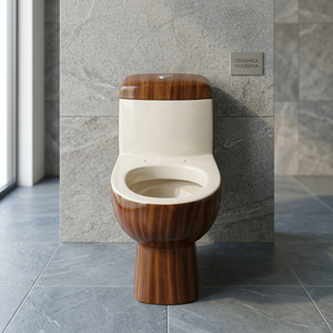 WC monobloc en céramique au design moderne avec finition bicolore en bois, cuvette élégante de designer pour ensemble de salle de bain - Product Image 5