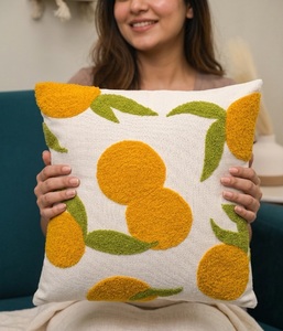 Hand-Tufted Citrus Fruit Pattern Decorative <b>Cushion</b> <b>Cover</b> with Green Leaves - Product Image 1