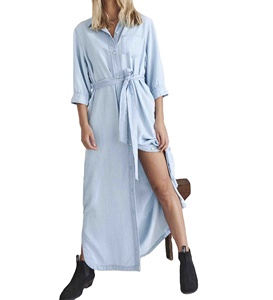 Stunning Summer Denim Cotton Women's Maxi A-Line Casual Dress Functional Button Front Collar Front Patch <b>Pocket</b> Curved Hemline - Product Image 1