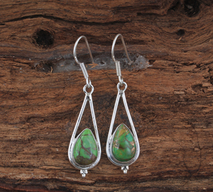 Boucles d'oreilles pendantes en turquoise verte naturelle, argent sterling 925, bijoux artisanaux en pierres précieuses, vente en gros, pierre verte matricielle unique - Product Image 6