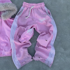 Ensemble sweat à capuche zippé et pantalon de survêtement en fausse fourrure, personnalisé, délavé à l'acide, effet usé, imprimé déchiré, brodé, teint en pièce - Product Image 2