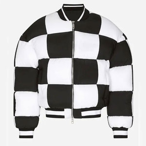Veste matelassée à carreaux noirs et blancs pour homme, coupe-vent, streetwear, bomber, fermeture éclair, rembourrage épais en polyester, manteau d'hiver - Product Image 3