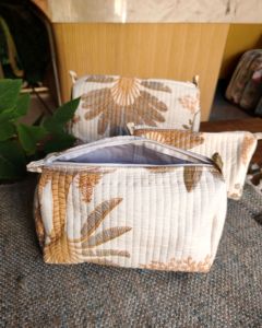Cotton Quilted Cosmetic Pouch Set, 3-Piece Floral Makeup <b>Bag</b>,<b>Cream</b> Palm Toiletry Pouches (Set of 3) - Product Image 1