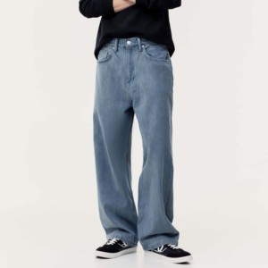 Jean droit homme bleu clair hiver style hip-hop taille mi-haute coupe régulière délavage moyen écologique respirant 100% coton décontracté - Product Image 1