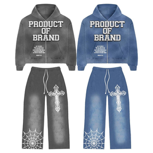 Ensemble décontracté deux pièces unisexe : sweat à capuche zippé style universitaire délavé et pantalon large, motif gothique croix toile d'araignée, streetwear Y2K - Product Image 6
