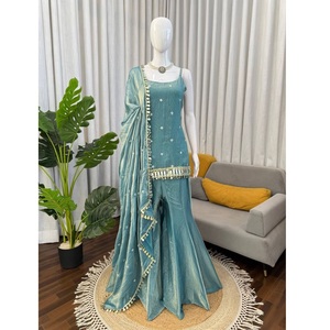 Ensemble élégant de kurta, sharara et dupatta pour mariage et occasions festives, dernière tenue ethnique, ensemble de costume en soie Fendy 3 pièces pour femmes - Product Image 1