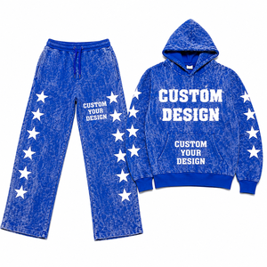 Conjunto de Sudadera con Capucha y Pantalones Acampanados de Color Sólido Azul con Lavado Ácido, Estampado Puff y Bordado, Transpirable - Product Image 1