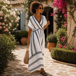 Vestido maxi a rayas con cuello en V, estilo bohemio, con lazo, holgado, de algodón y fibra de bambú, informal, de verano, transpirable, de tela tejida. - Product Image 1