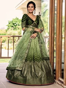 Ensemble Lehenga Vert à Paillettes Coupe A-Line en Satin avec Taille Empire, Dupatta en Tulle, Col en V, Imprimé Floral Brodé – Tenue de Mariage pour Femme - Product Image 1