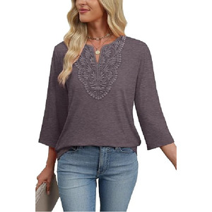 Blusa bohemia con cuello en V para mujer, blusa bordada con manga tres cuartos, Top de algodón holgado, ropa informal para primavera y verano - Product Image 4