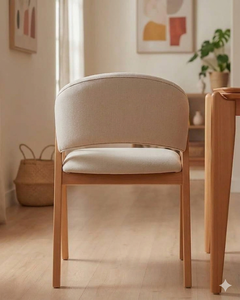 Fauteuil scandinave en bois massif avec dossier incurvé, siège rembourré en tissu crème, chaise de salle à manger en bois naturel avec accoudoirs - Product Image 4