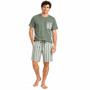 Men Spandex Cotton Knitted <b>Pajama</b> Set <b>Short</b> Sleeve T-Shirt Sleepwear Summer Cool Loungewear <b>Shorts</b> Green Nightwear - Product Image 1