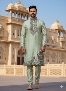 <b>Men's</b> Light Green Embroidered Soft <b>Silk</b> <b>Pajama</b> Traditional Indian Pakistani Wedding Festival Wear Regular Fit Quick Dry - Product Image 3