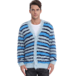 Custom LOGO Fuzzy Mohair Striped Sweater <b>Men</b> Fashion Long Sleeve Knitwear Winter Knitted Coat Furry <b>Men</b> Cardigan Mohair Sweater - Product Image 5