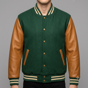 Veste Varsity Verte pour Hommes avec Manches en Cuir Marron, Fermeture à Boutons, Veste Casual, Col Revers, Veste en Polaire - Product Image 2