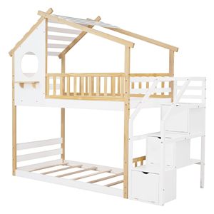 Letto a castello singolo + singolo Natural + White con contenitore e sponda di protezione, letto a casetta per bambini (Vecchio SKU LT000308AAK) - Product Image 4