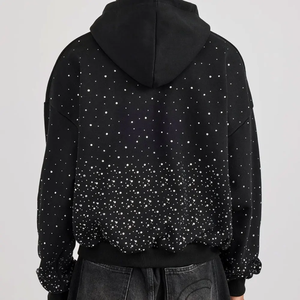 Premium All Over Black Rhinestone Hoodie Custom Heavyweight <b>Thick</b> <b>Fleece</b> Cotton Hoodie for Men Loose Fit Diamond Streetwear - Product Image 2