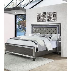 Letto King-Size in Stile Moderno Glam con Luci LED, 1 Pannello in Ecopelle, Testiera Imbottita con Bottoni Trapuntati, Inserti in Vetro, Finitura Grigia - Product Image 1