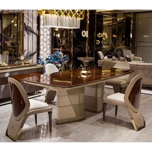 Juego de Comedor Moderno de Lujo en Madera de Teca Sólida, Contemporáneo, 6 Sillas, Pedestal Dorado con Acabado Brillante, Muebles para Comedor, Villa u Hotel - Product Image 1
