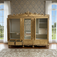 Armoire de luxe en teck doré antique à 5 portes, grande, sculptée à la main, pour chambre royale, en bois massif, style artisanal, meuble de rangement de ferme