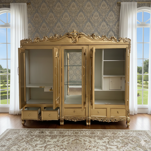 Armario de Lujo de 5 Puertas en Color Oro Antiguo, de Teca, Grande, Tallado a Mano, para Dormitorio Real, Gabinete de Almacenamiento de Madera Maciza Estilo Artesanal Rústico - Product Image 2