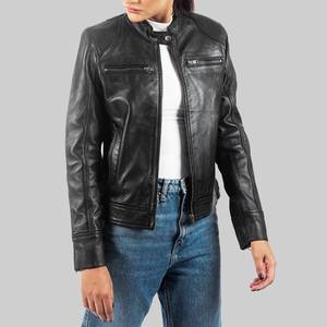 Theresa Womens Black Genuine Leather Breathable Cafe Racer <b>Jacket</b> with Stand-Up Collar - Leather <b>Jacket</b> Black - Product Image 2