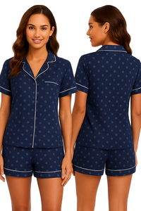 Ensemble de pyjama pour femmes à manches courtes à pois bleu marine avec col rabattu et fermeture à boutons, vêtements de nuit d'été - Product Image 1