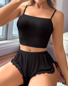 Women Knitted Lounge Set Sleeveless Cami Shorts Two Piece Solid Color Summer Sleepwear Soft Elastic Waist High Rise - Product Image 1