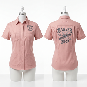 เสื้อช่างตัดผมหญิง ผ้าคอตตอนเจอร์ซีย์พรีเมียม 180 GSM สีชมพู แขนสั้น สกรีนโลโก้แบบ DTF ตามสั่ง เสื้อยูนิฟอร์มร้านเสริมสวย - Product Image 4