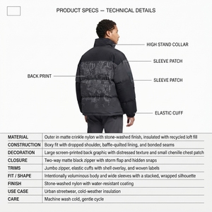 Custom Oversized Boxy Puffer <b>Jacket</b> Men 420GSM Crinkle Nylon Streetwear Winter Coat OEM Padded <b>Jacket</b> With Puff Print Map - Product Image 5