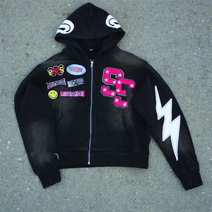 เสื้อฮู้ดผ้าคอตตอนขนาดใหญ่ขนาดใหญ่พิมพ์ลายกรดซีดจางมีซิปรูดแห้งเร็วงานตามสั่งสำหรับฤดูหนาวของผู้ชาย - Product Image 6