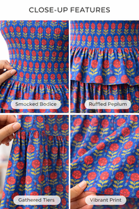 ชุดเสื้อครอปพิมพ์ลายดอกไม้พร้อมกระโปรงระบาย ชุดเซ็ตสองชิ้นสำหรับผู้หญิง เสื้อครอปสม็อค กระโปรงหลายชั้น ชุดฤดูร้อนทำมือ - Product Image 4