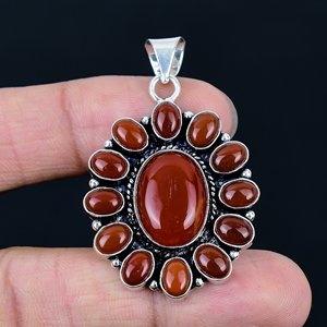 Pendentif fleur en pierre précieuse carnelienne rouge naturelle, collier floral, bijoux plaqués argent 925, bijoux pour femmes - Product Image 1
