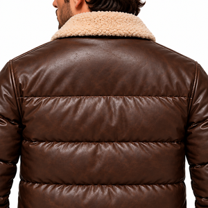 Blouson aviateur en cuir marron pour homme, doublure respirante, coupe-vent, fermeture éclair écologique, col rabattable, style moto, hiver - Product Image 6