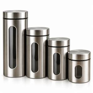 Four Piece Stainless Steel <b>Canister</b> <b>Set</b> with Brushed Finish and Viewing Windows | Modern Kitchen Storage Containers for Dry Food - Product Image 1