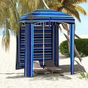 Tenda da Spiaggia Stile Cabana con Finestre Ventilate e Balze a Strisce Azzurre - Categoria Prodotti Pergole e Gazebo - Product Image 2