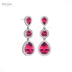 Hot Selling 10x8mm Pear Cut Pink Tourmaline <b>Dangle</b> Drop <b>Earrings</b> 14k Solid <b>Gold</b> Diamond Halo <b>Earrings</b> Wholesale Products in Bulk - Product Image 3