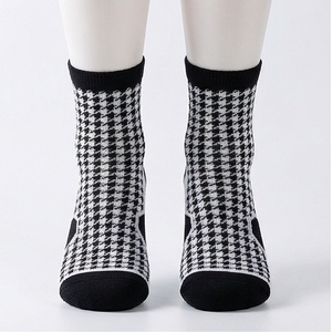 Ankle Socks Plaid Pattern Black White Breathable Knitted for Daily Casual Wear Adults Regular Style - Product Image 1