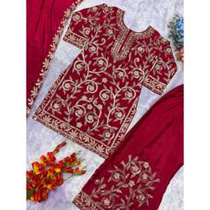 Hermoso Conjunto de Top y Pantalón de Satén con Mangas Tres Cuartos y Dupatta Elegante para Fiestas - Product Image 5