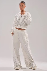 <b>Women</b> <b>White</b> Rhinestone Hooded Lightweight 2 1 <b>Tracksuit</b> Set Full Sleeve Zipper Closure Loose Fit Casual Wear Autumn Style Dot - Product Image 2