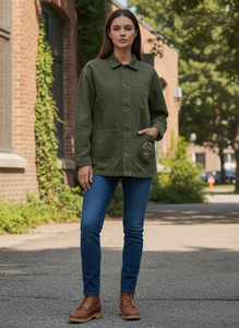 Chaqueta Utilitaria de Mezclilla Verde Oliva para Hombre de Outpost Supply Co, Corte Regular, Color Sólido, Cierre de Cremallera, Decoración con Parches, Ropa de Otoño - Product Image 5