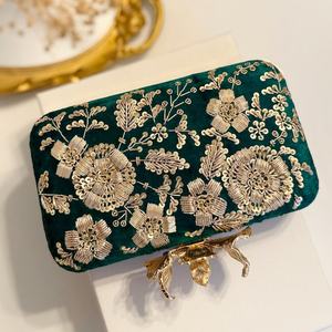 Jewelry bag Case with Gold Floral Embroidery and Magnetic <b>Snap</b> Closure green colour packaging bag - Product Image 6
