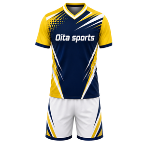 Ensemble de maillot et short de volley-ball bleu marine, blanc et jaune, à manches courtes, sublimé, personnalisé pour l'entraînement des équipes - Product Image 2