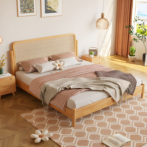 Modern Rattan Bed Solid Wood <b>Frame</b> Natural King Size Massage Leather Upholstery Natural Color Finish Bellla - Product Image 5