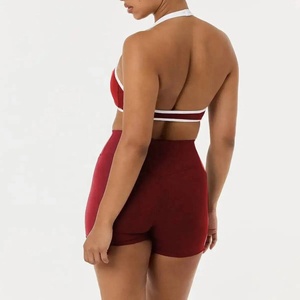 Women 2 Piece Yoga Set Red Solid Halter <b>Bra</b> High Waist Shorts Breathable Spandex Polyester Contrast Binding - Product Image 2