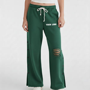 Pantalon pour femme en coton 100% de haute qualité, logo brodé personnalisé, effet vieilli avec boutons latéraux, pantalon hip hop de haute qualité pour femme - Product Image 1