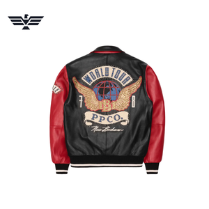 Veste en cuir pour homme Pelle, style varsity streetwear, noir et rouge, patchwork, design brodé, fermeture éclair, col montant, dégradé de couleurs - Product Image 5