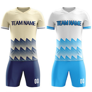 Ensemble de maillots de football unisexes personnalisés, bleu et blanc rayé, col en V, 100 % polyester, respirant, coupe athlétique, service OEM frontal - Product Image 5